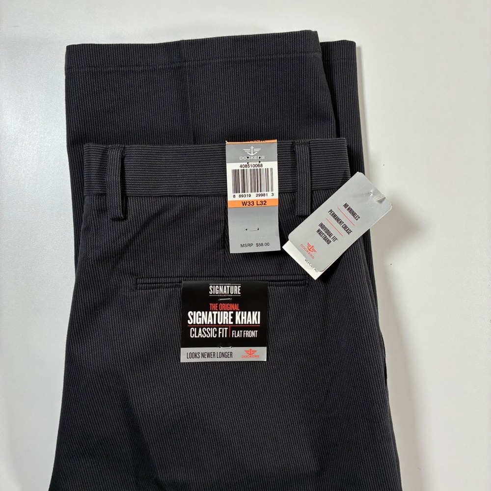 NEW Dockers Signature Khaki Pants 33x32 Dark Gray Pin Stripe Classic Fit Flat